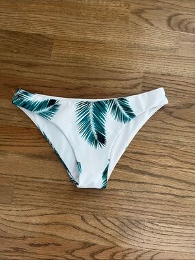 White Bikini Bottom with Teal Palm-Print